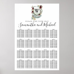 Röd Blommigt Vapensköld 20-Bord Bröllop sätesdiagr Poster