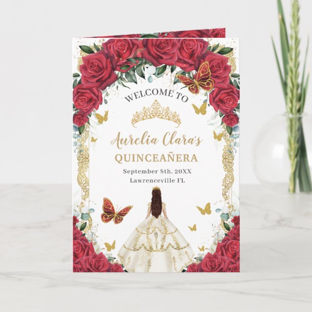 Röd Blommigt Vita utpressningsorder Quinceañera-or Program (Framsida)