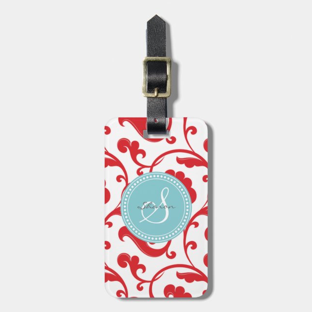 Röd blommönstermonogram för elegant flickaktigt bagagebricka (Vertikal Framsida)