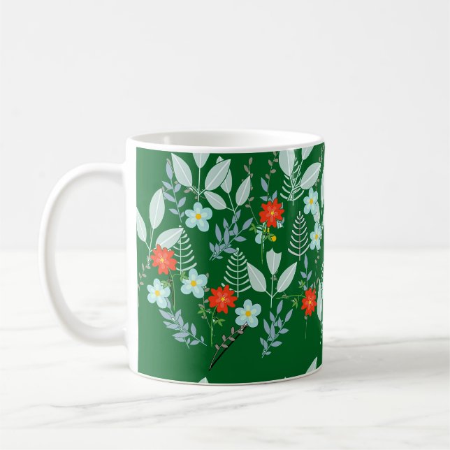 Röd blomning + blad gröna kaffemugg (Vänster)
