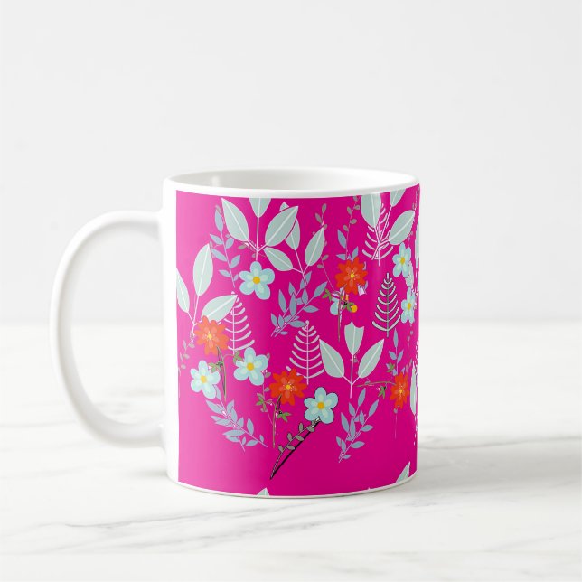 Röd Blomning + Blad Het Rosa Kaffemugg (Vänster)