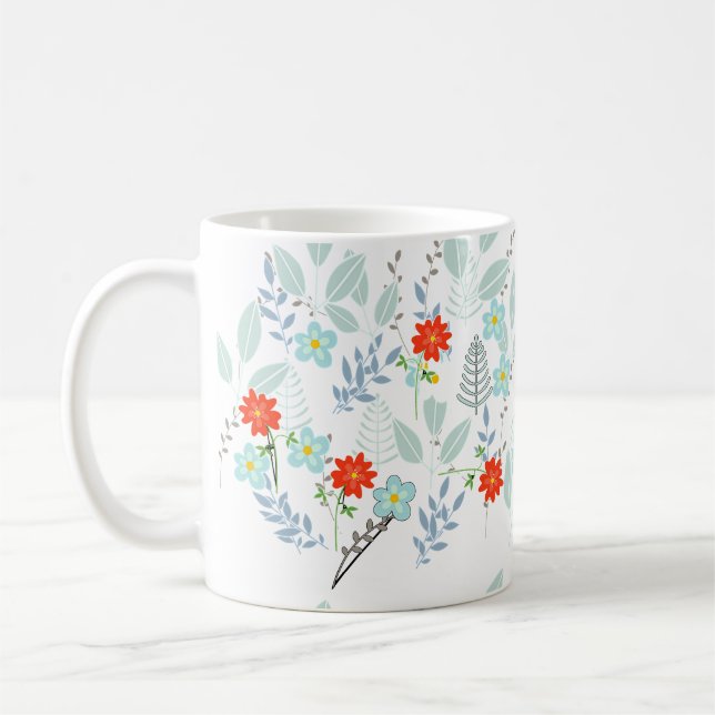Röd blomning + blad  kaffemugg (Vänster)