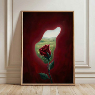 Röd blomning fönster – Surrealistiskt blommig vägg Poster