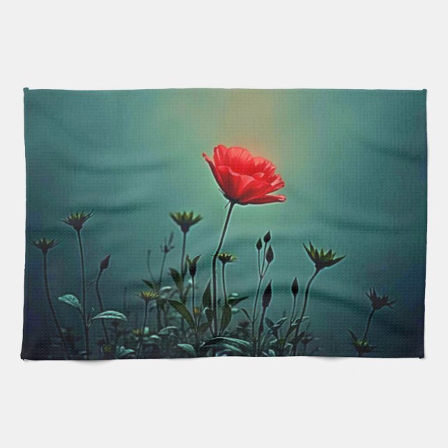 Röd blomning i det mörka dimma-design kökshandduk (Horisontell)