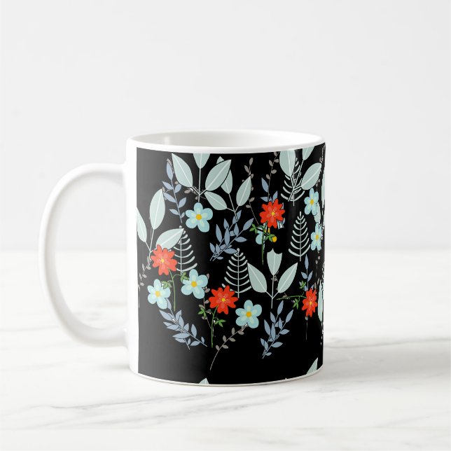Röd blomning + svarta blad kaffemugg (Vänster)