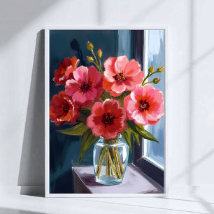 Röd blomsterbukett Vas Akvarellmålning Poster