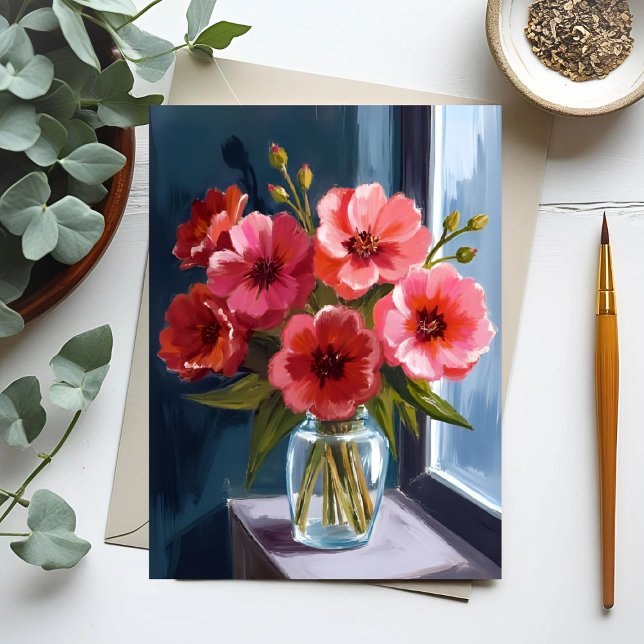 Röd blomsterbukett Vas Akvarellmålning Vykort (Skapare uppladdad)