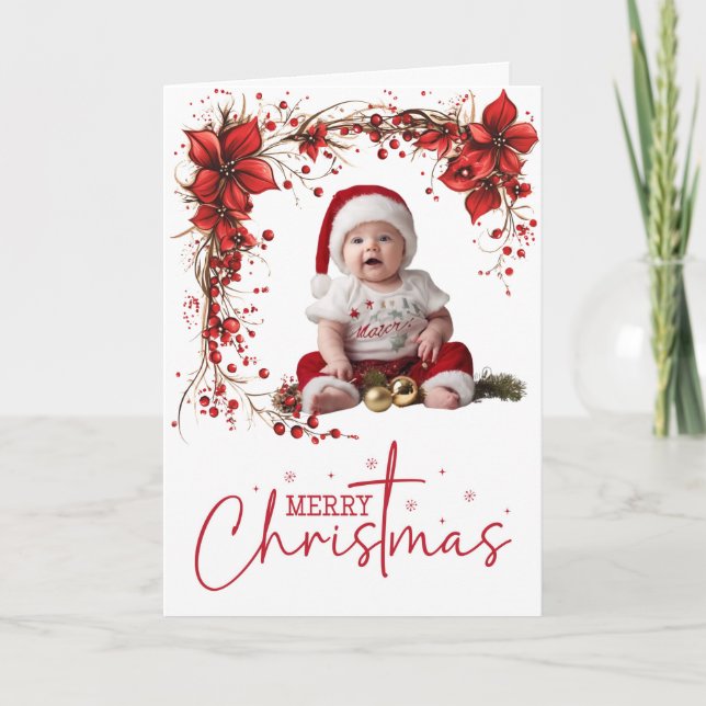 Röd blomsterkrans julkrans Elegant julhögtid Helgkort (Framsida)