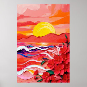 Röd blomsterrik kust Quilling-konst med soluppgång Poster
