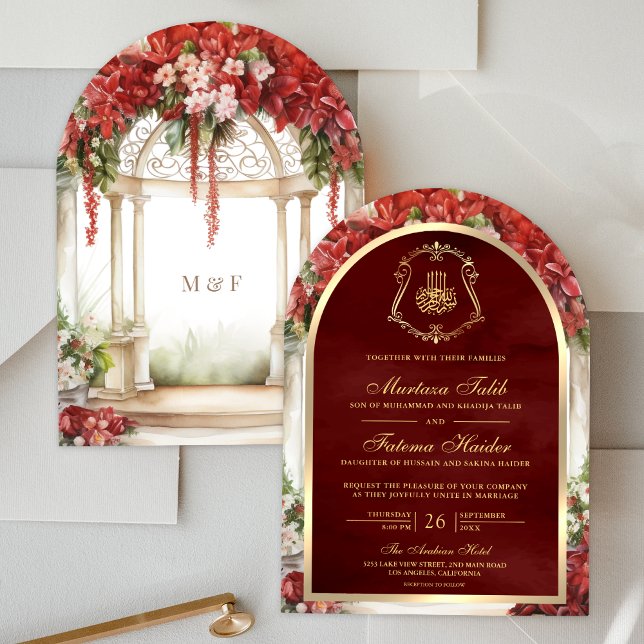 Röd blomsterträdgård paradisbåge muslimskt bröllop inbjudningar (Skapare uppladdad)