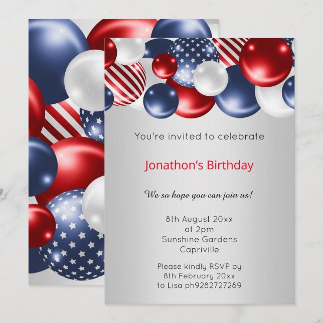RÖD BLUE SILVER PATRIOTISK BALLOONINBJUDAN INBJUDNINGAR (Fram/baksida)