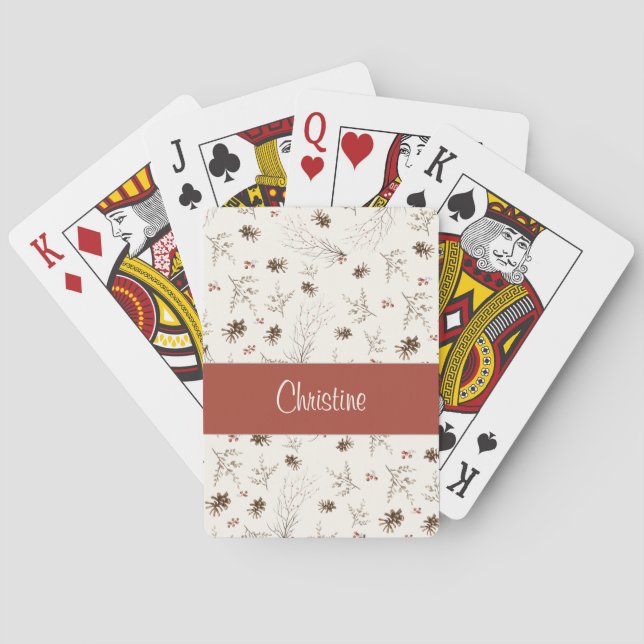 Röd Boho Akvarell Skogsmonogramnamn Casinokort (Baksidan)