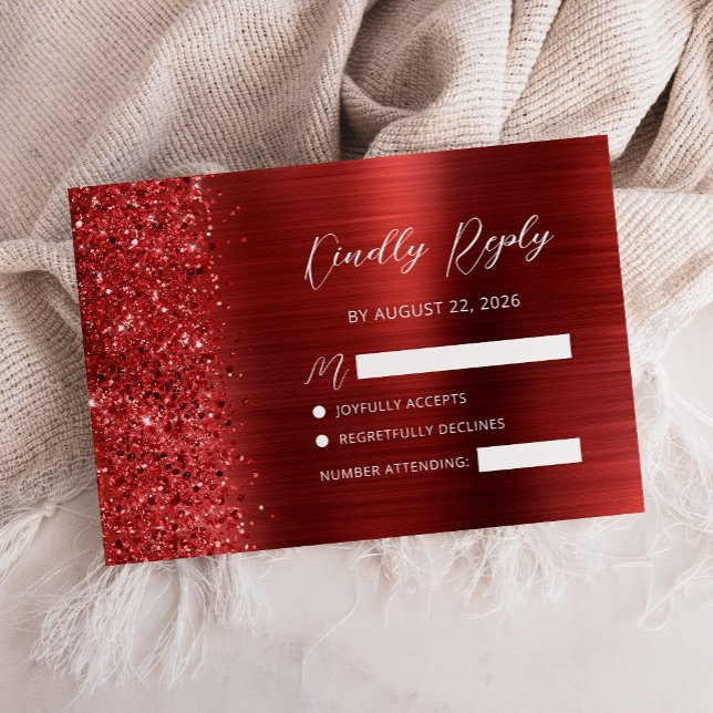 Röd Borstad Metall Glitter Bröllopsskrift OSA Kort (Skapare uppladdad)