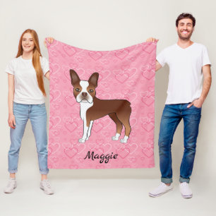 Röd Boston Terrier Hund På Rosa Hjärtan Och Namn Fleecefilt