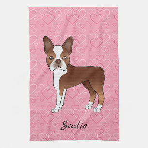 Röd Boston Terrier Hund På Rosa Hjärtan Och Namn Kökshandduk