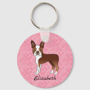 Röd Boston Terrier Hund På Rosa Hjärtan Och Namn Nyckelring