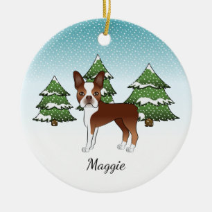 Röd Boston Terrier I En Vinter Skog & Namn Julgransprydnad Keramik