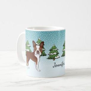 Röd Boston Terrier I En Vinter Skog & Namn Kaffemugg