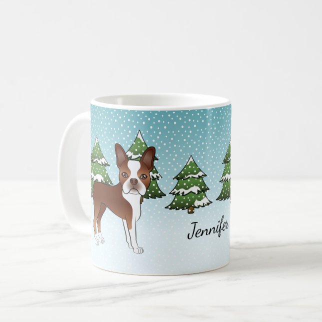 Röd Boston Terrier I En Vinter Skog & Namn Kaffemugg (Framsida vänster)