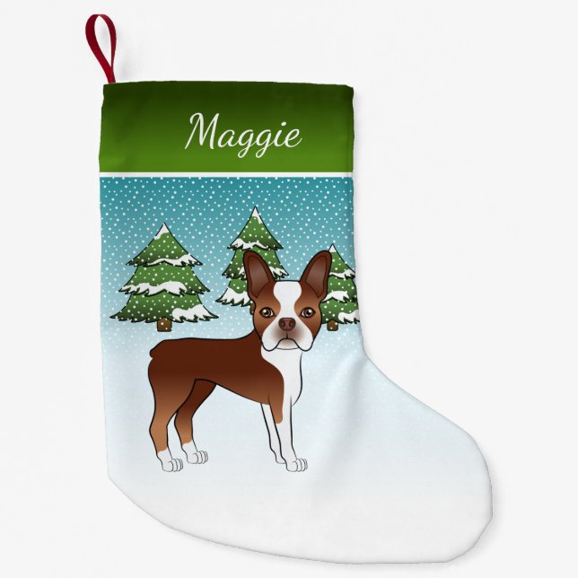 Röd Boston Terrier i en vinter skog & Namn Liten Julstrumpa (Framsidan)