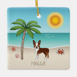 Röd Boston Terrier på en tropisk sommars strand Julgransprydnad Keramik