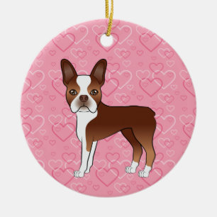 Röd Boston Terrier på rosa hjärtan Husdjur Minnesm Julgransprydnad Keramik