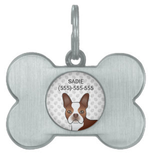Röd Boston Terrier Serieteckning Hundhuvud & Tassa ID-bricka Husdjur