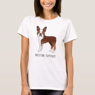 Röd Boston Terrier Söt Tecknad Hund & Anpassad Tex T Shirt