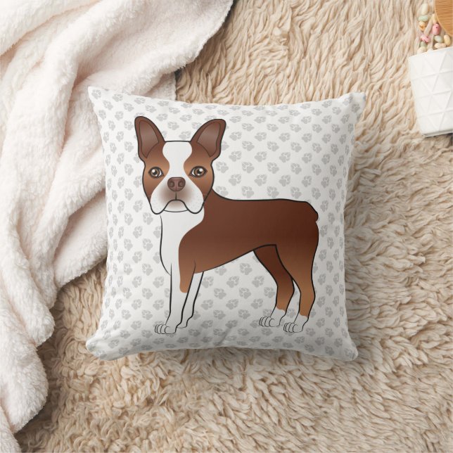 Röd Boston Terrier Sött Serieteckning Hund & Tassa Kudde (Filt)