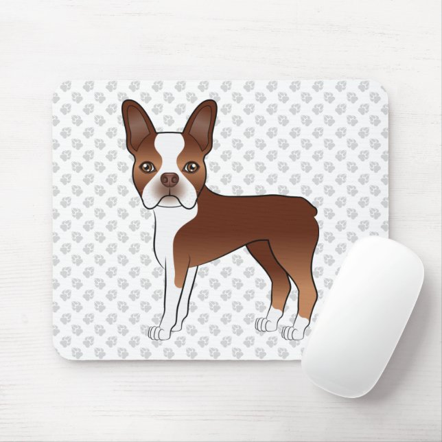 Röd Boston Terrier Sött Serieteckning Hund & Tassa Musmatta (Med mus)