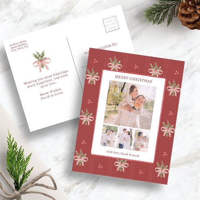 Röd botanisk jul fotografisk vykort (Vintage Botanical Photo Christmas Postcard Watercolor Holly & Red Bow Design by Painted Paperie)