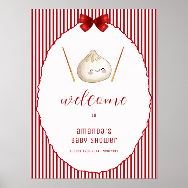 Röd Bow Asiatisk Dumplings Baby Shower Välkomstsky Poster (Framsidan)