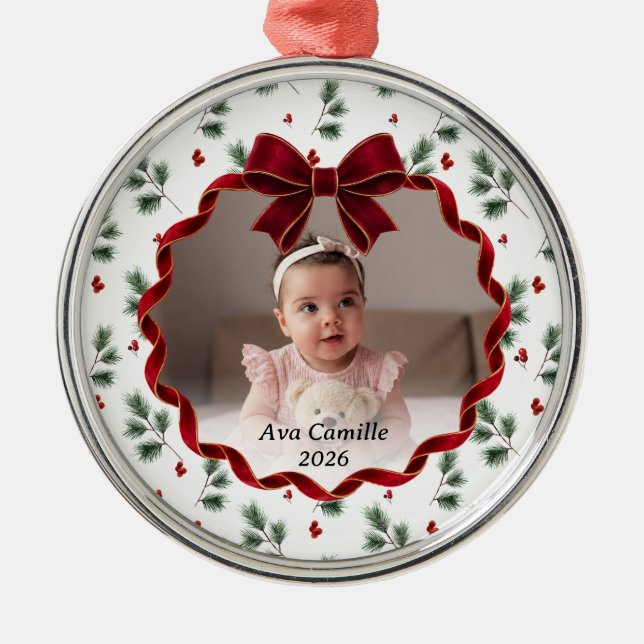 Röd Bow Baby Foto Julgran Ornament (Framsidan)