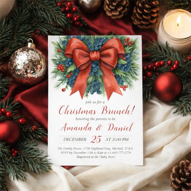 Röd Bow Baby Shower Julbrunch Inbjudningar (Red Bow Baby Shower Christmas Brunch Invitation)