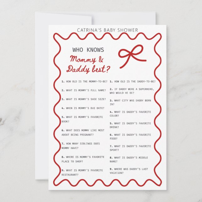 Röd Bow Baby Shower - Redigerbart Namn, 5x7 Inbjud Inbjudningar (Framsida)