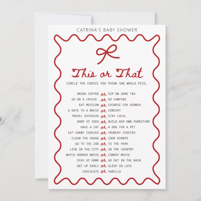 Röd Bow Baby Shower - Redigerbart Namn, 5x7 Inbjud Inbjudningar (Framsida)