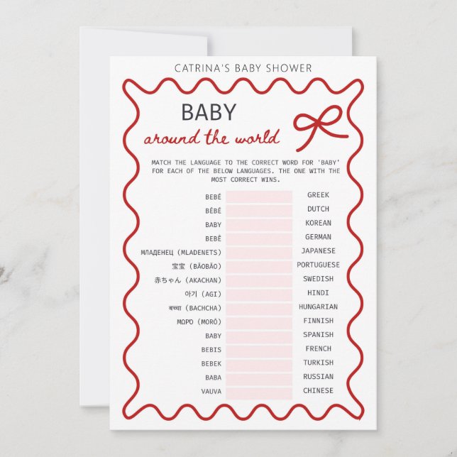 Röd Bow Baby Shower - Redigerbart Namn, 5x7 Inbjudningar (Framsida)