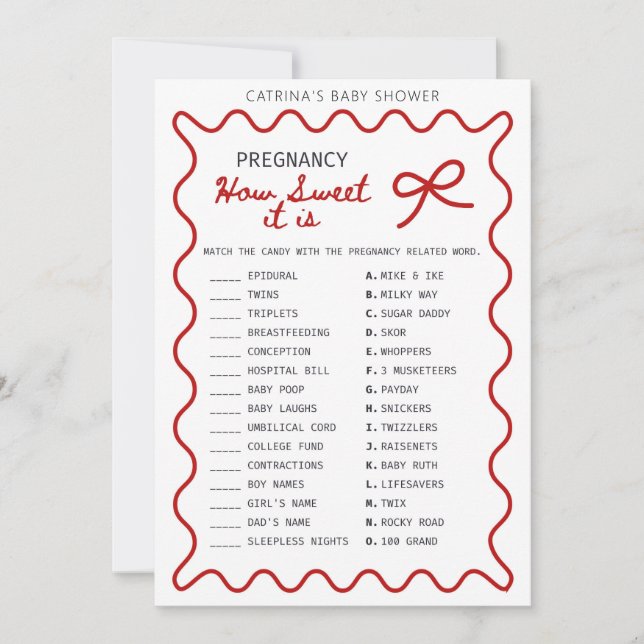 Röd Bow Baby Shower - Redigerbart Namn, 5x7 Inbjudningar (Framsida)