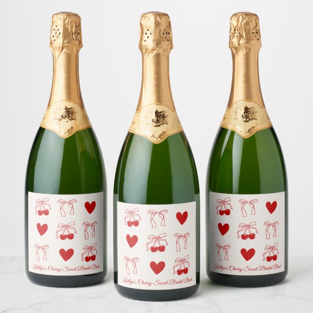 Röd Bow Cherry Sweet Bröllopsdusch Champagne Etike (Flaskor)