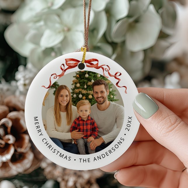 Röd Bow Circle Julbild Julgransprydnad Keramik (Red Bow Christmas Tree Photo Ornament)