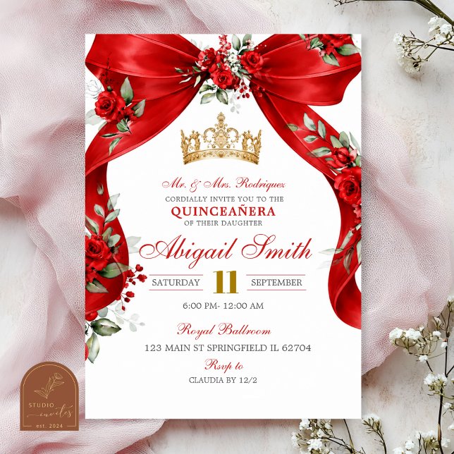 Röd Bow Coquette Crown Blommig Quinceanera Inbjuda Inbjudningar (Skapare uppladdad)