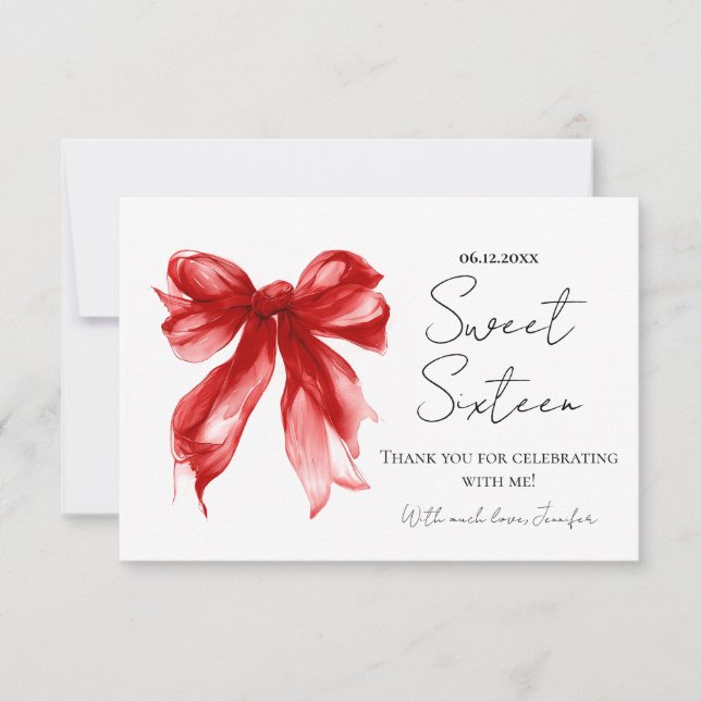 Röd Bow Coquette Script Sweet 16 Tack  Kort (Framsida)