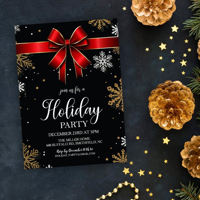 Röd Bow Snöflinga Jul Holiday Party  Inbjudningar (Skapare uppladdad)