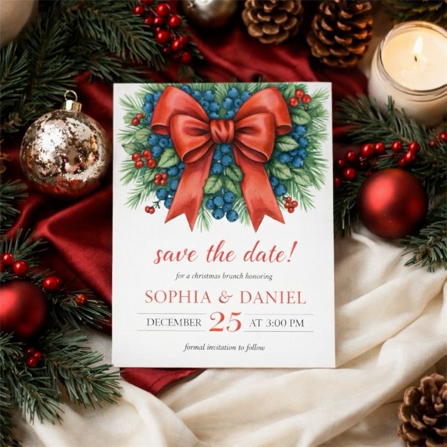 Röd Bow Vattenfärg Julbrunch Spara Datumet (Red Bow Watercolor Christmas Brunch Save The Date)