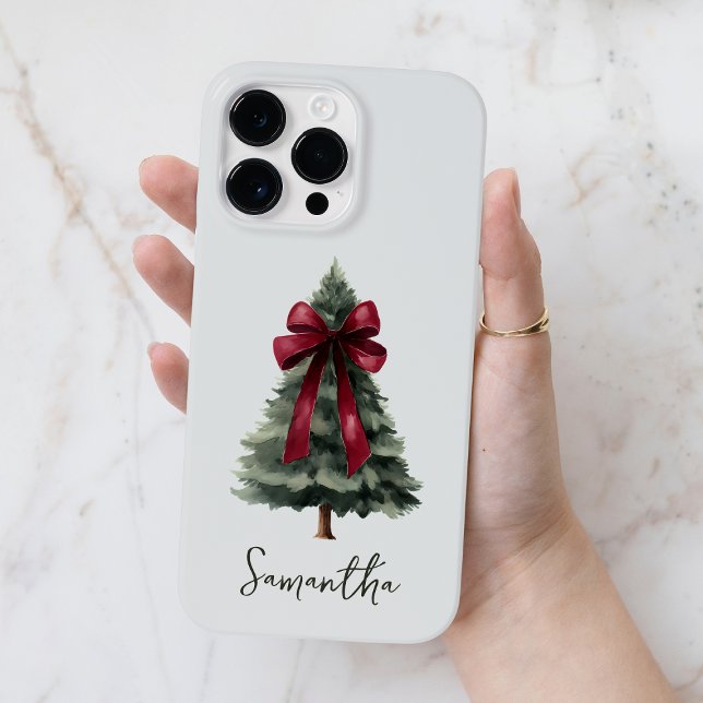Röd Bow Watercolor Julgran Scriptnamn (Red Bow Watercolor Christmas Tree Script Name Case-Mate iPhone Case)