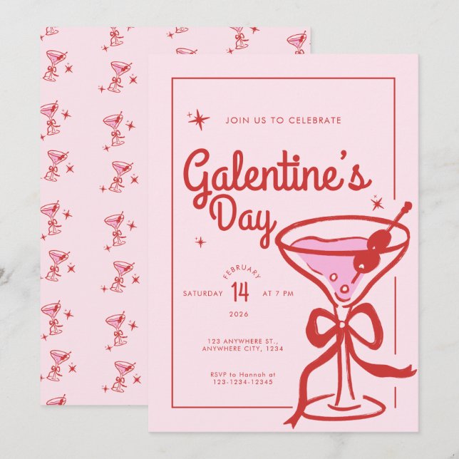 Röd Bowldrink Galentine's Day Inbjudningar (Fram/baksida)