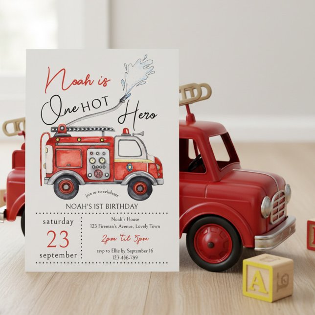 Röd brandbil En het hjälte 1-årsdag Inbjudningar (One Hot Hero 1st birthday party invitation)