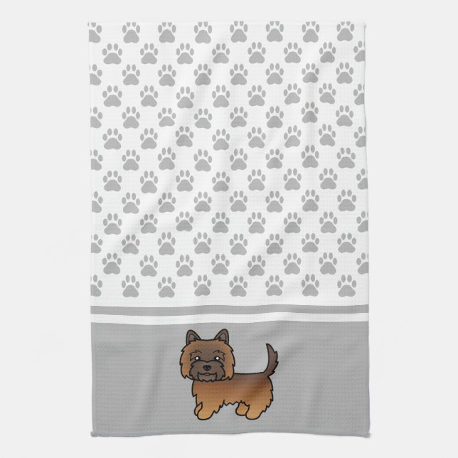 Röd brindle Cairn Terrier hund & grå tassmönster Kökshandduk (Vertikal)