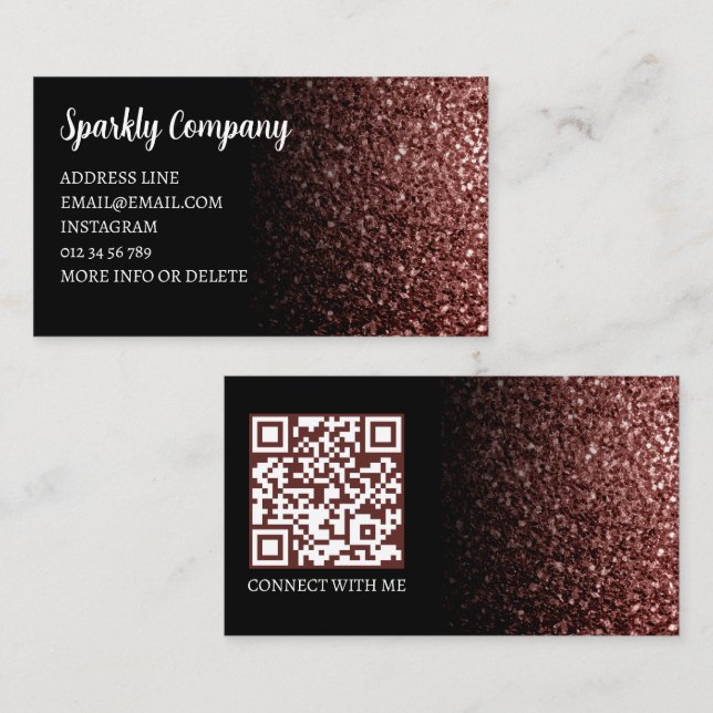 Röd brun faux-gnistra svart elegant QR-kod Visitkort (Fram/baksida)