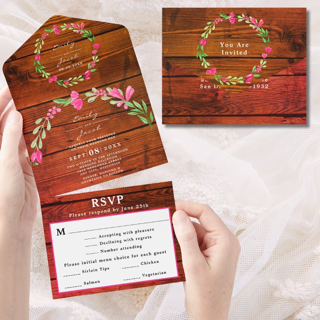 Röd Brun Rustik Trä Rosa Blommig Land Hoch RSVP (Red Brown Rustic Wood Pink Floral Country Wed RSVP All In One Invitation)